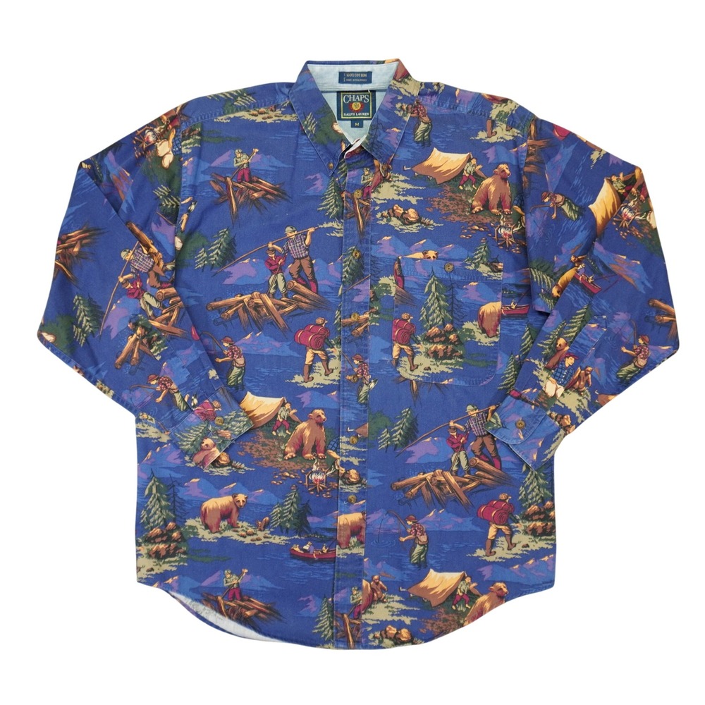 Vintage Chaps Ralph Lauren Button Down Shirt Mens M Bear Camping Fishing Outdoor